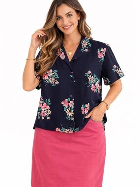 Pendleton Floral Button Front Blouse Size 8 Navy Pink Short Sleeve Vintage